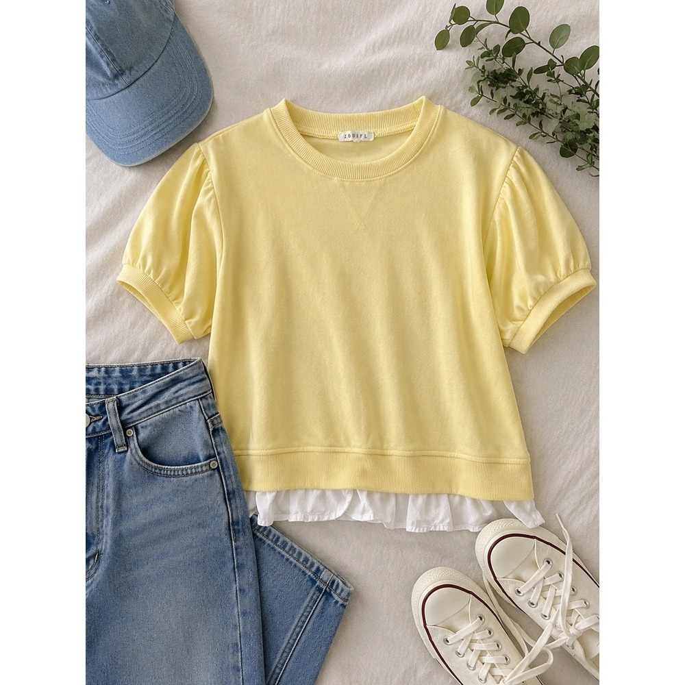 Jodifl Womens Yellow Puff Short Sleeve Ruffle Hem Sweatshirt Top G14119 M